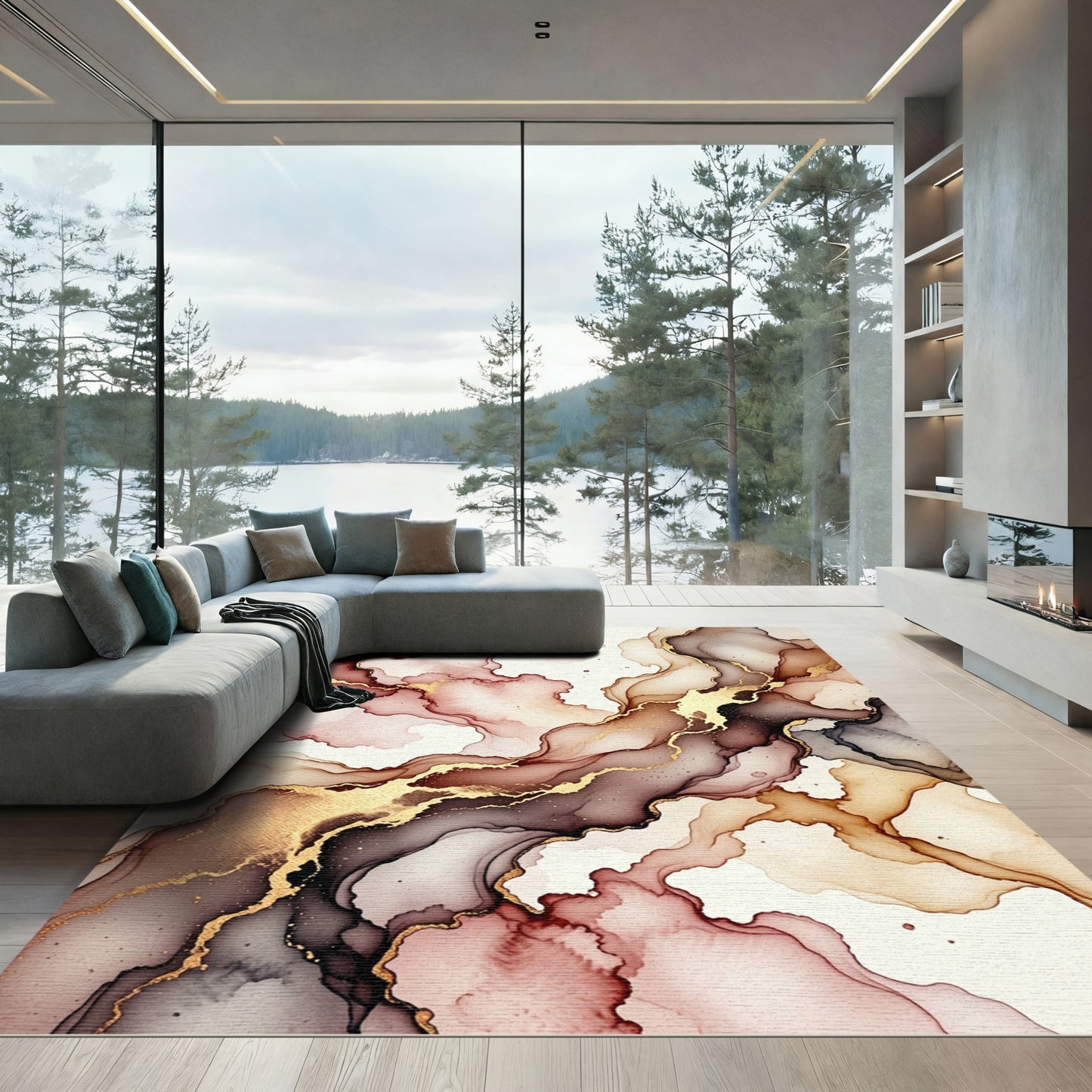 Earthy Pink Gold Swirl Art Rug