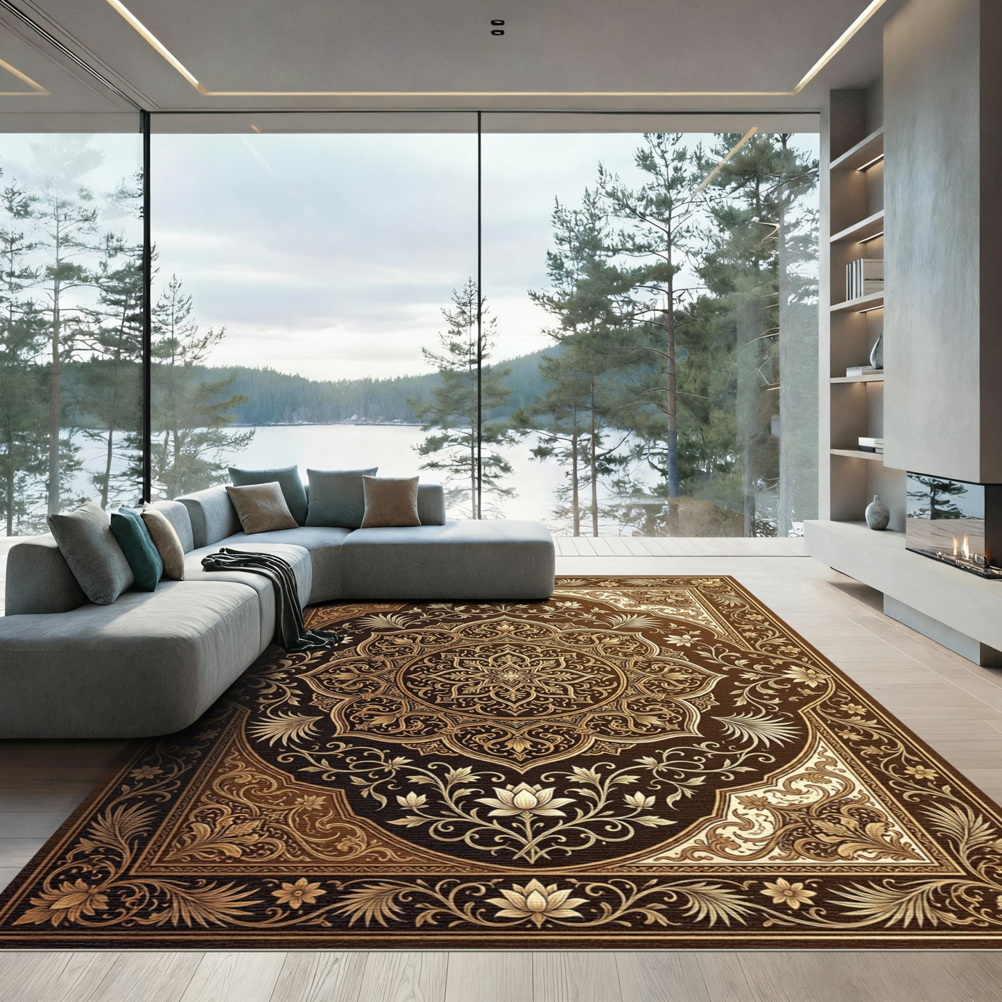 Golden Floral Medallion Ornate Tapestry Rug