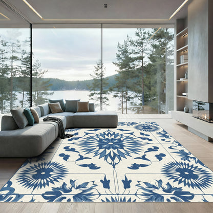 Blue White Floral Medallion Repeating Pattern Rug