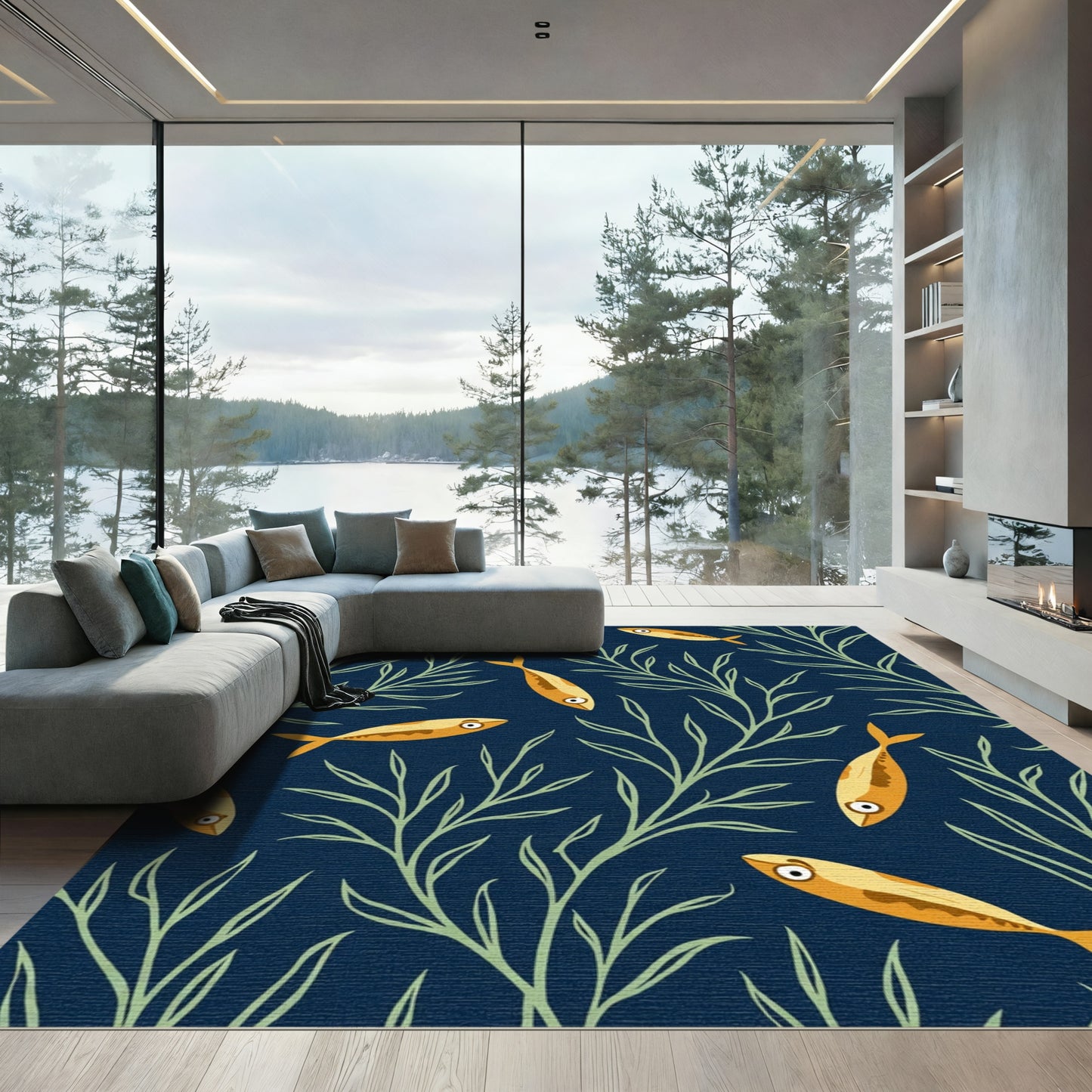 Golden Fish Aqua Marine Kelp Rug