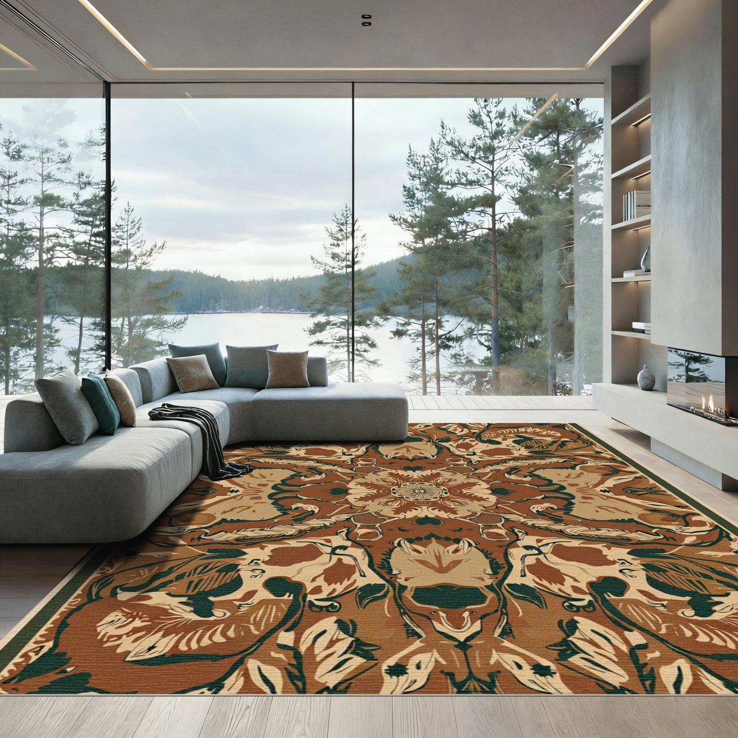 Rich Russet Emerald Floral Symmetry Rug