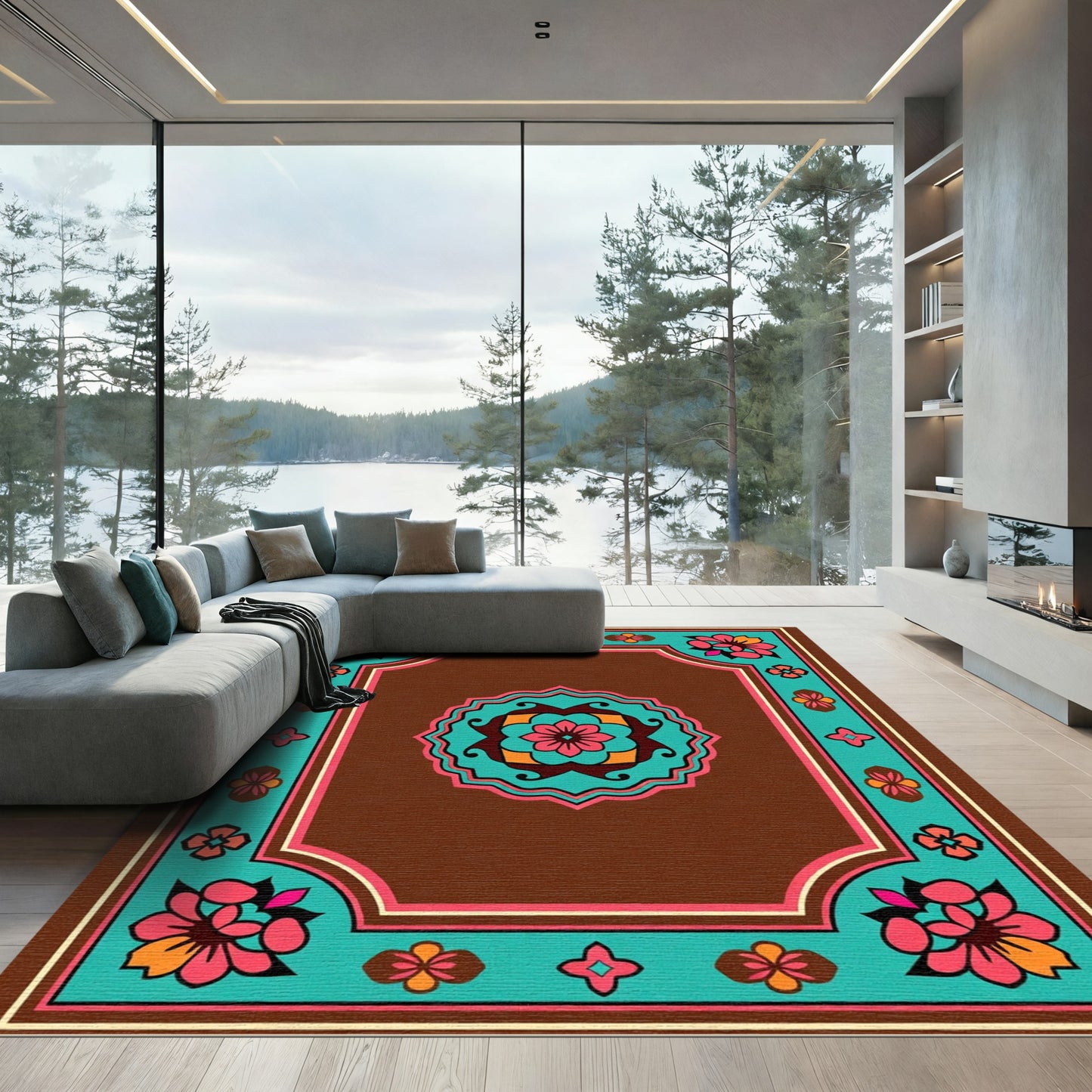 Vibrant Brown Floral Medallion Border Rug