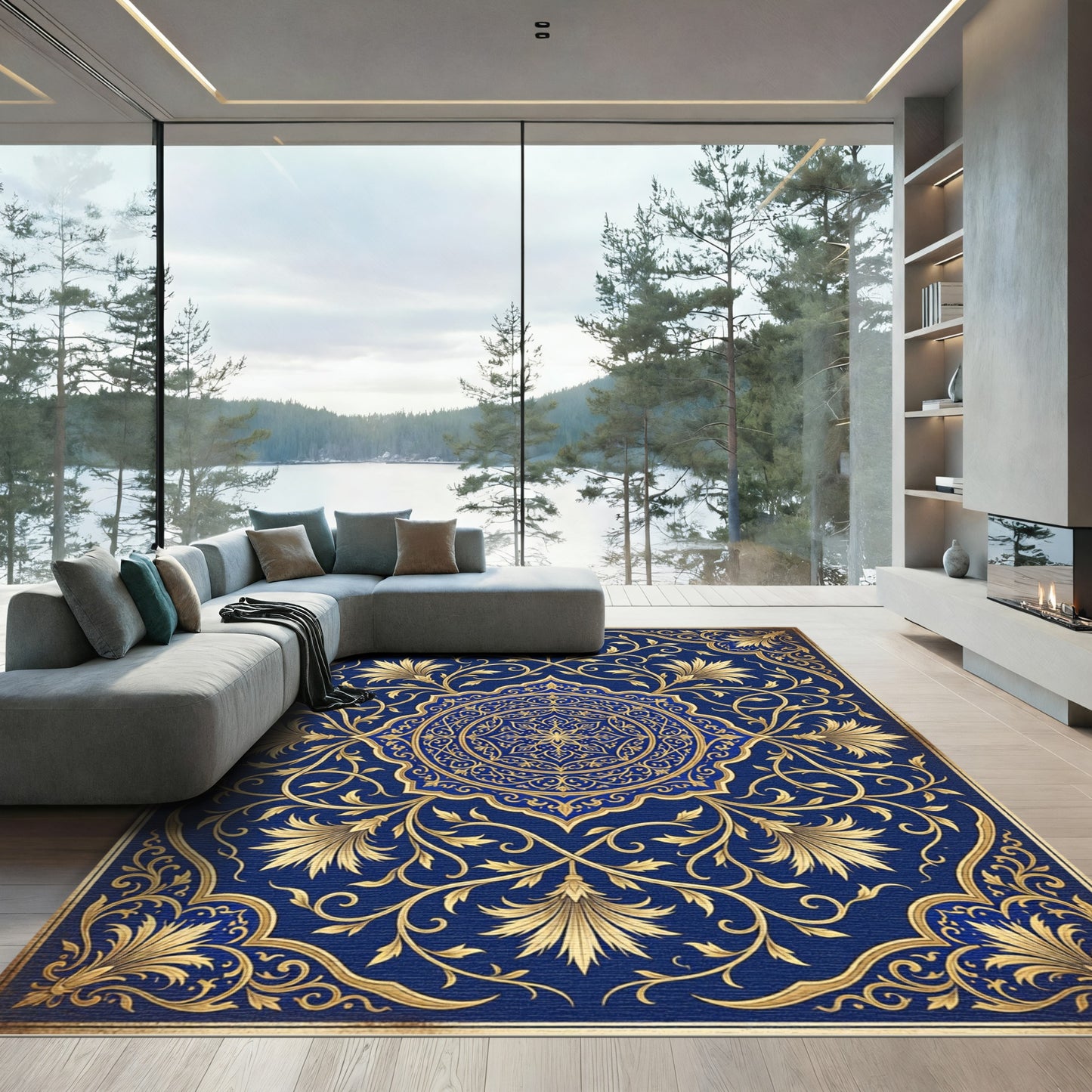 Royal Blue Golden Ornate Floral Medallion Rug