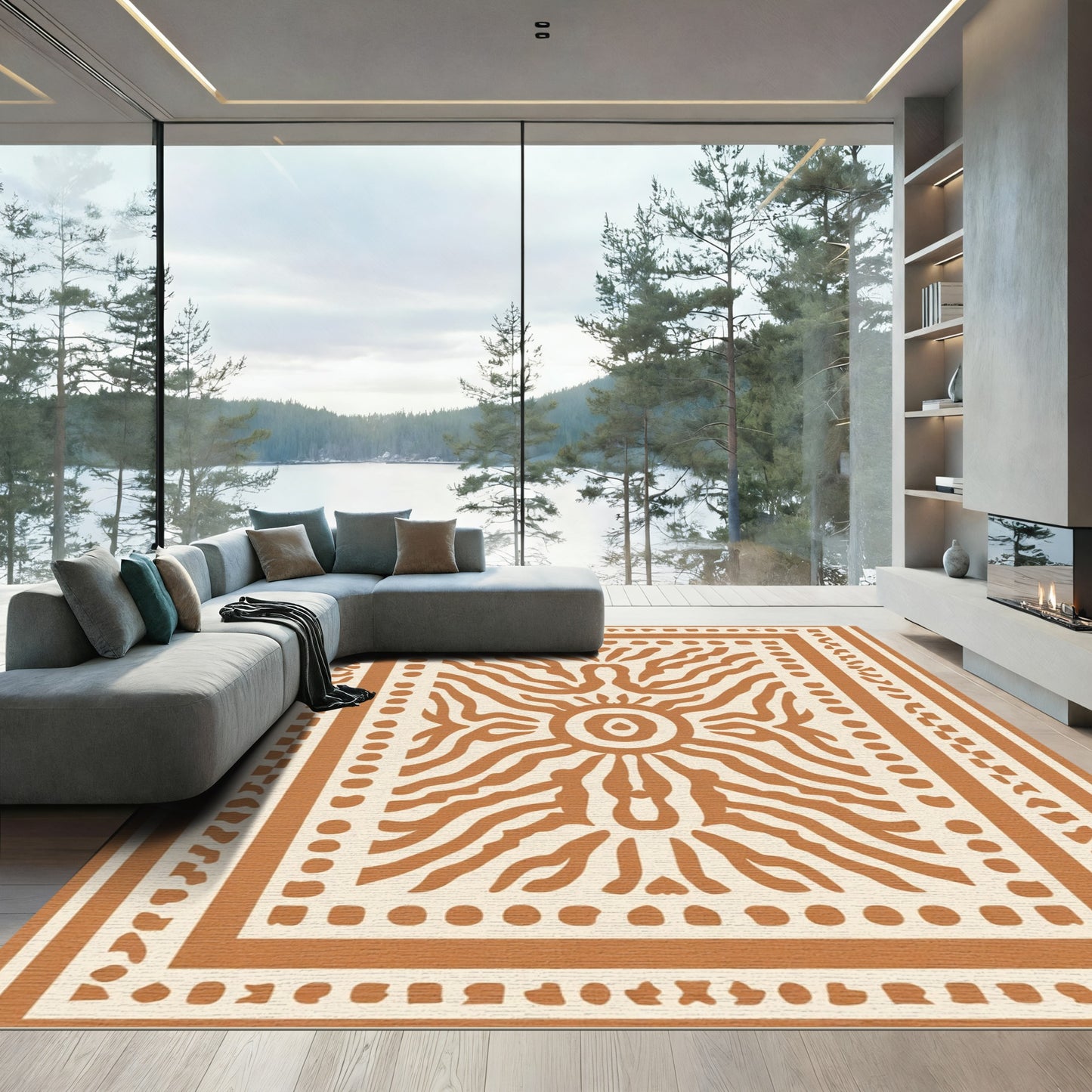 Terracotta Sunburst Stripe Frame Rug
