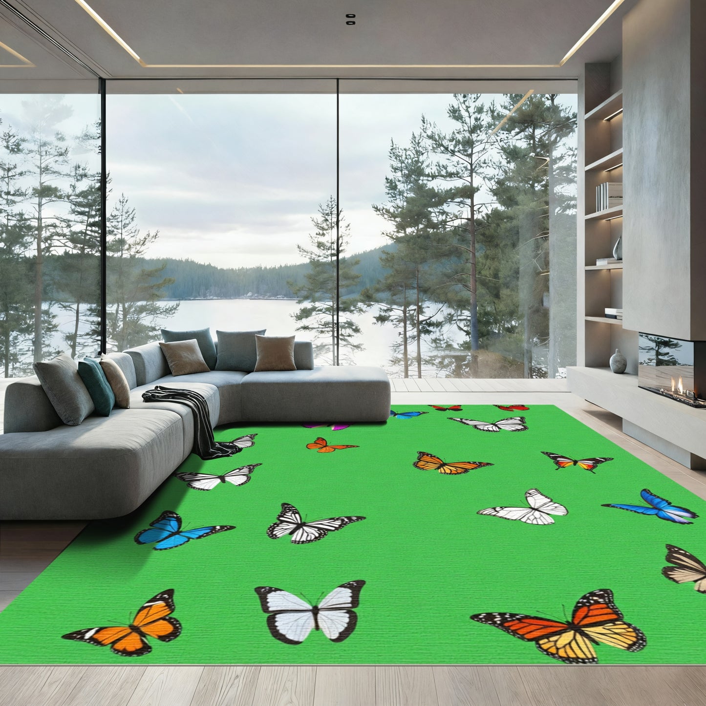 Multi Colored Butterfly Garden Scene Rug