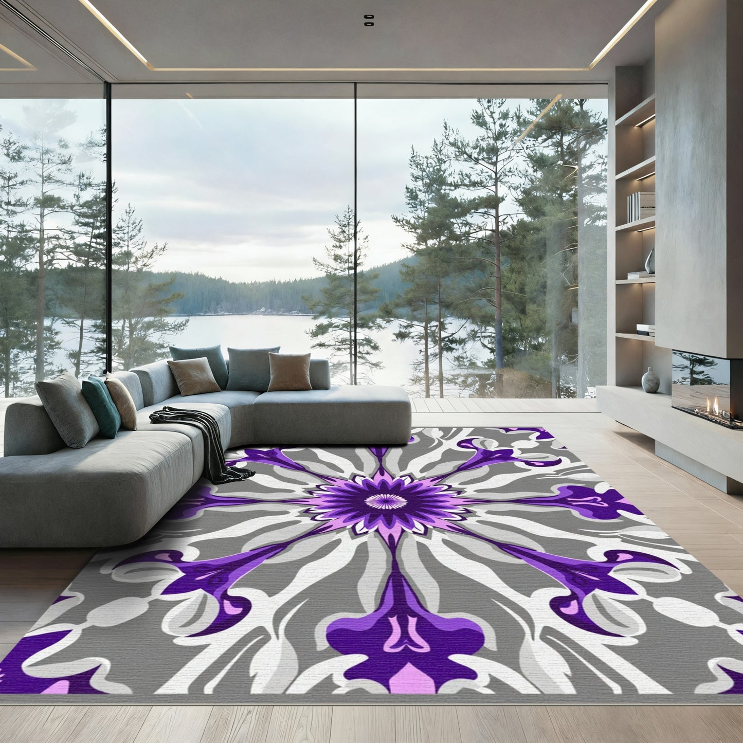 Purple Floral Mandala Gray Rug
