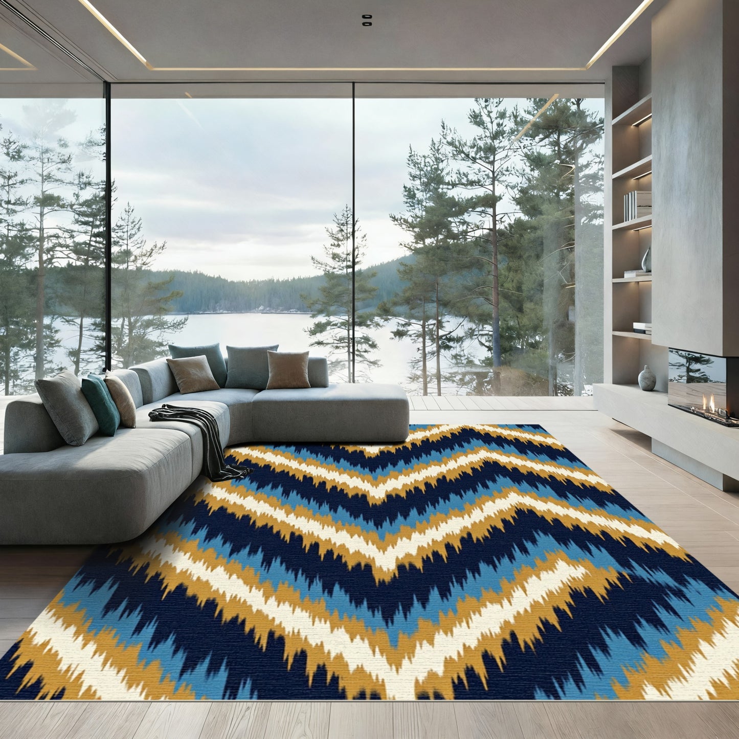Navy Blue Golden Chevron Ikat Wave Rug