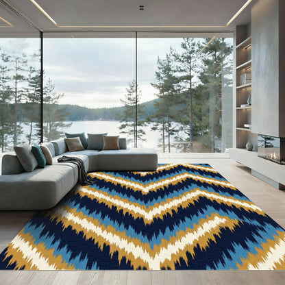 Navy Blue Golden Chevron Ikat Wave Rug