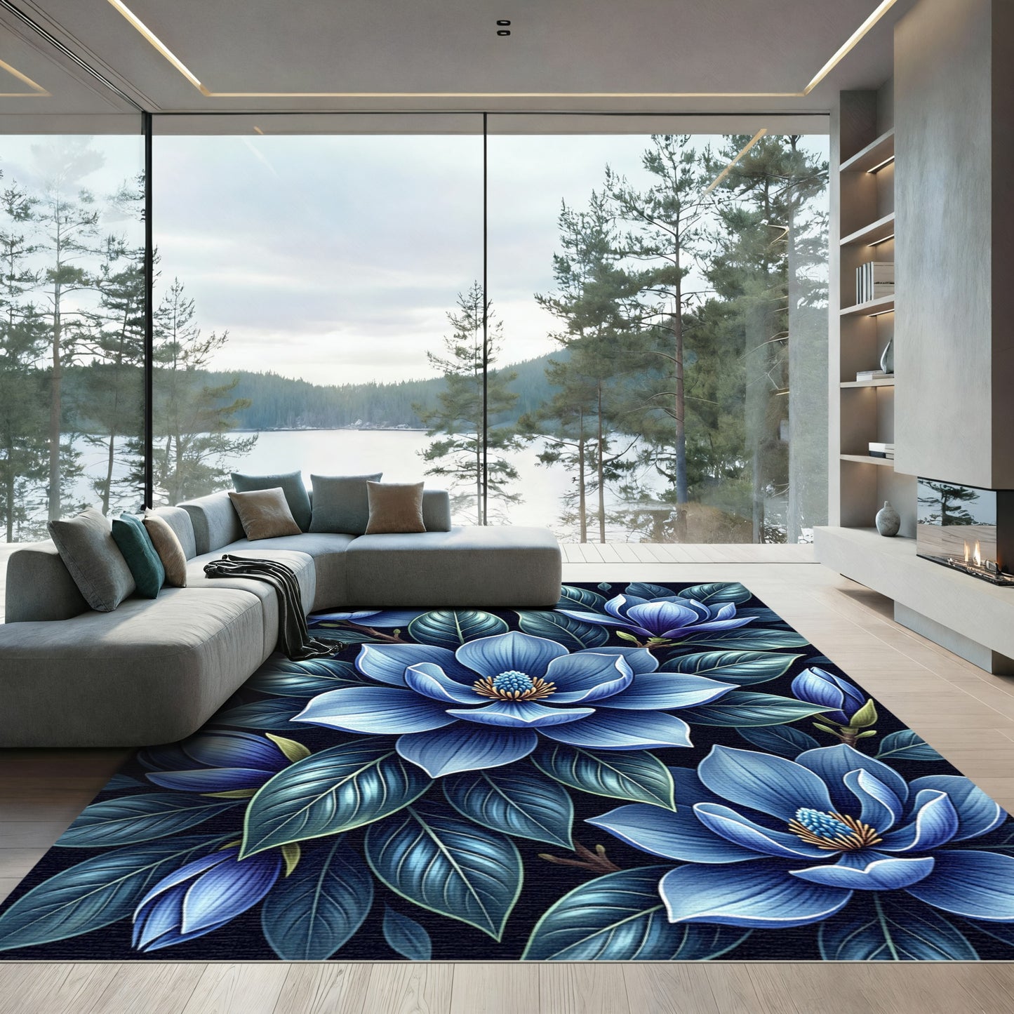 Deep Blue Magnolia Floral Arrangement Rug