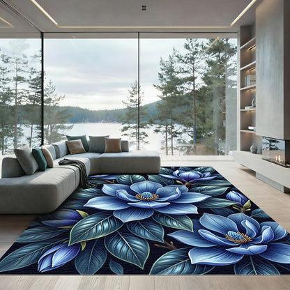 Deep Blue Magnolia Floral Arrangement Rug