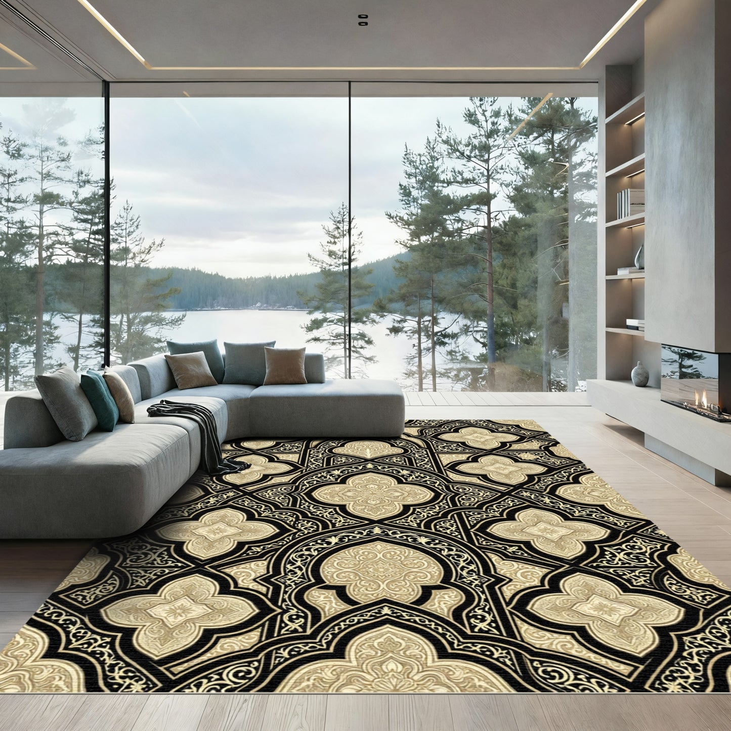 Ornate Black and Gold Damask Arabesque Rug