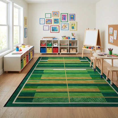 Modern Green Gold Striped Geometric Rug