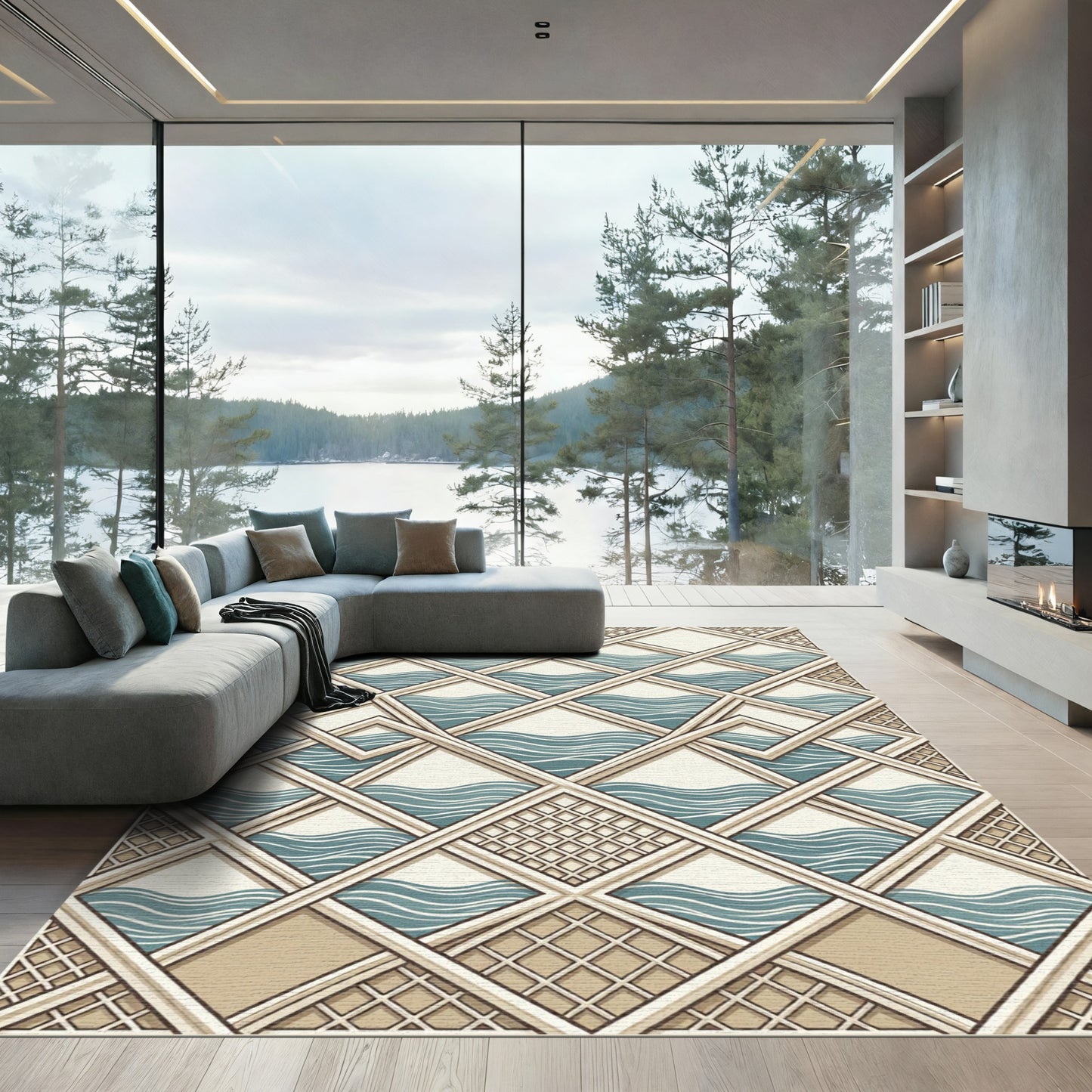 Geometric Blue Wave Interlocking Grid Rug