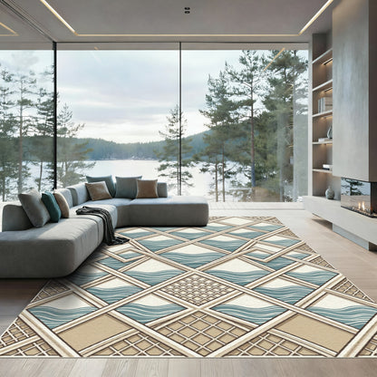 Geometric Blue Wave Interlocking Grid Rug