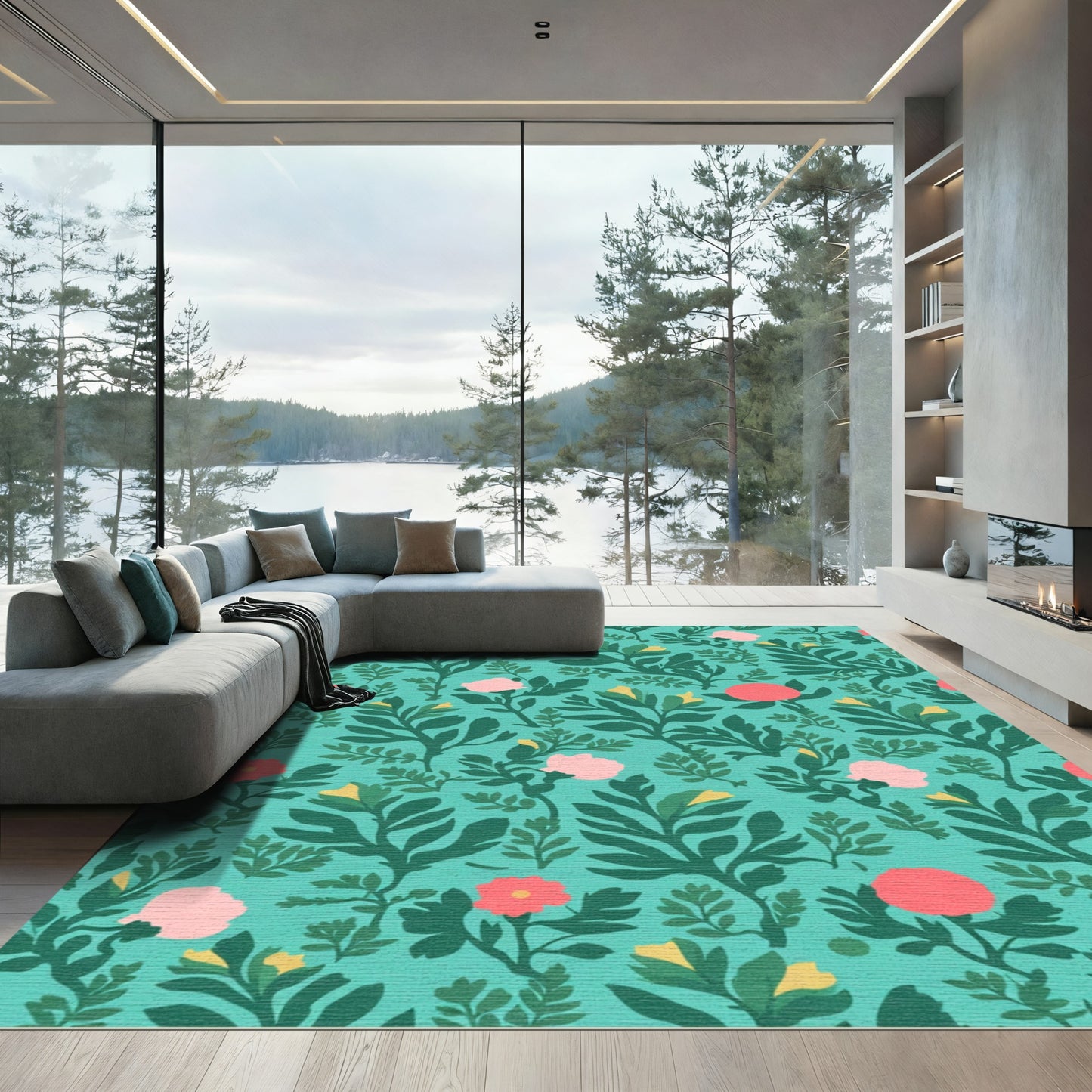 Aqua Tropical Floral Foliage Rug