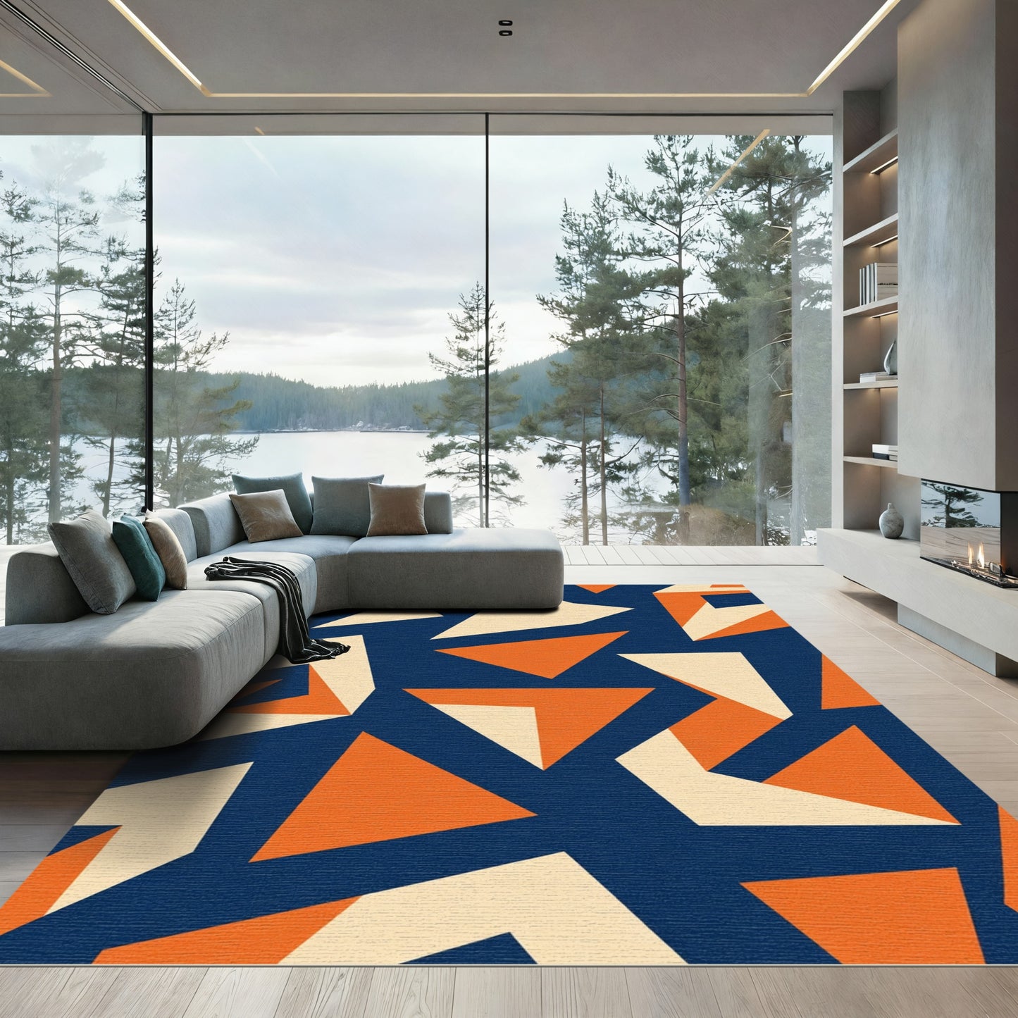 Bold Orange Blue Geometric Shapes Rug