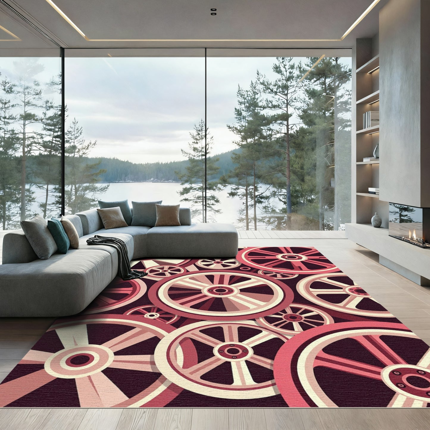 Rosy Crimson Spokes Wheel Collage Rug