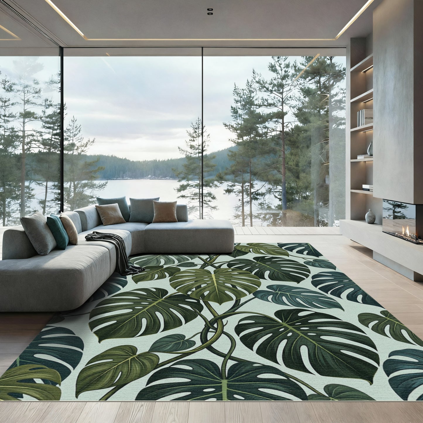 Dark Green Tropical Monstera Leaves Rug