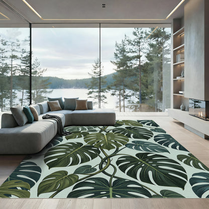 Dark Green Tropical Monstera Leaves Rug