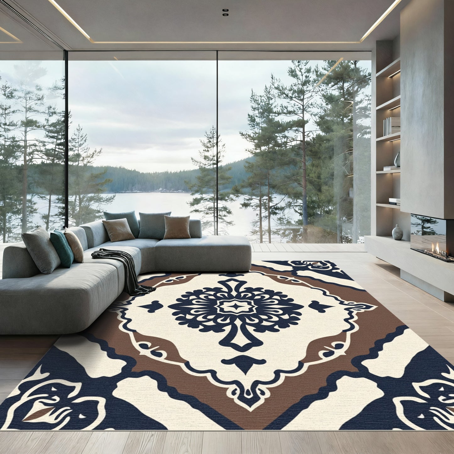 Cream Navy Brown Medallion Symmetry Rug