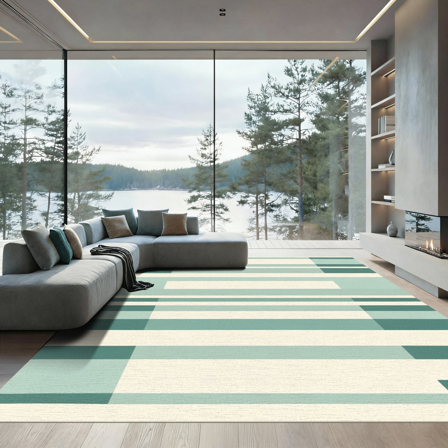 Modern Teal Geometric Block Rug