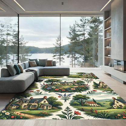 Charming Cottage Garden Floral Country Illustration Rug