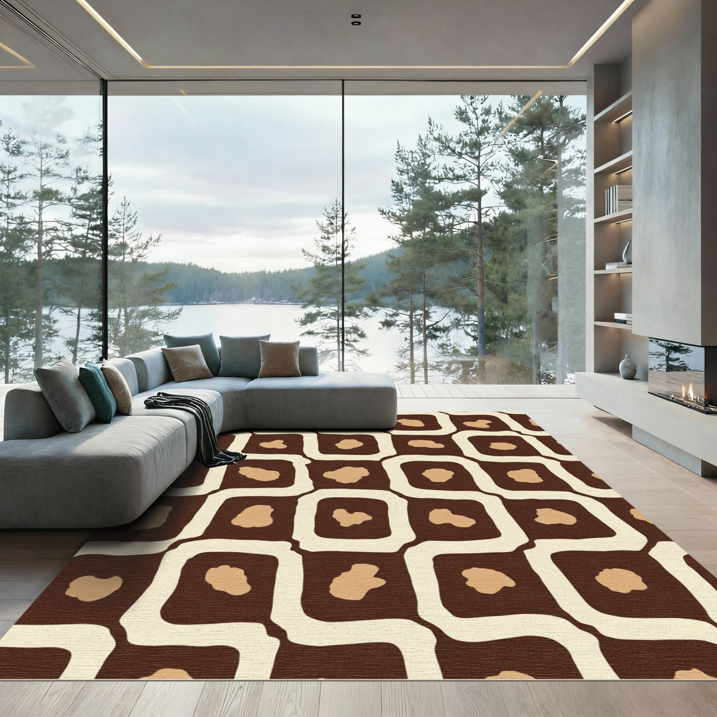 Retro Brown Beige Organic Squares Rug