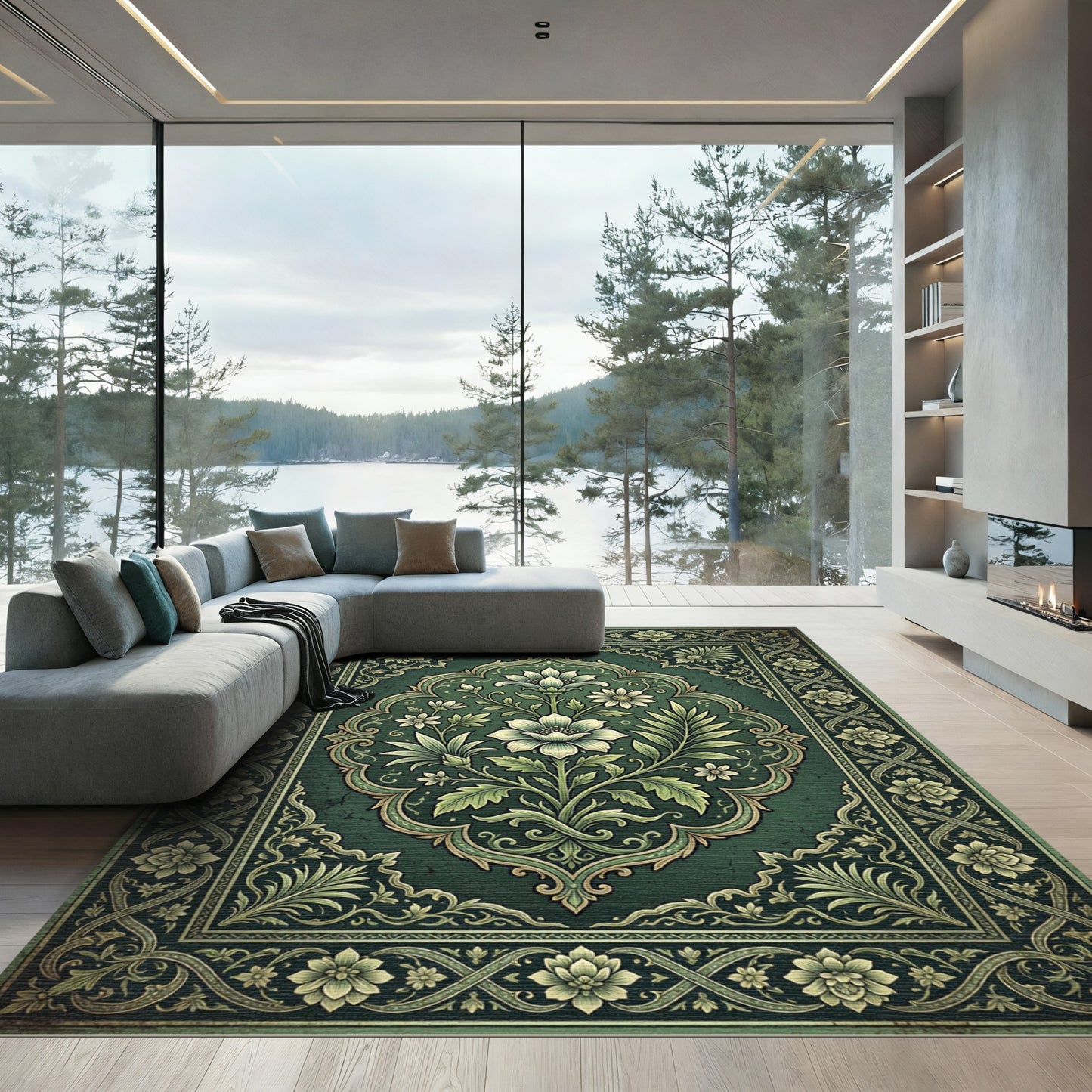 Elegant Emerald Floral Medallion Illustration Rug