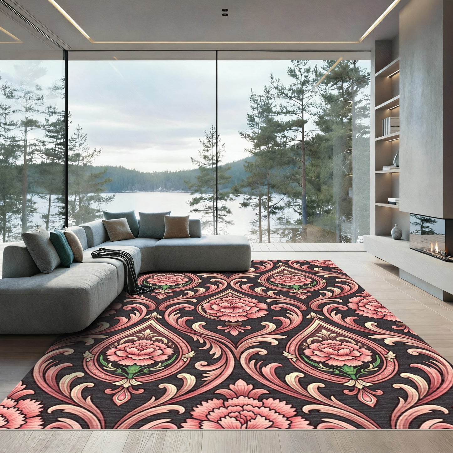 Pink Floral Damask Scroll Work Rug