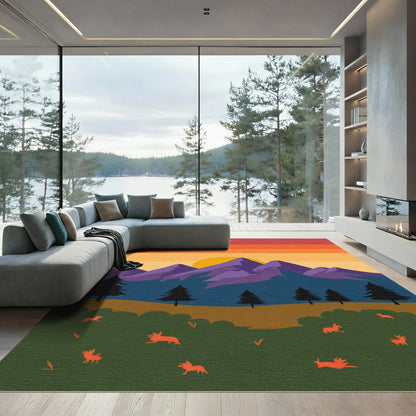 Purple Mountain Sunset Wildlife Scene Rug