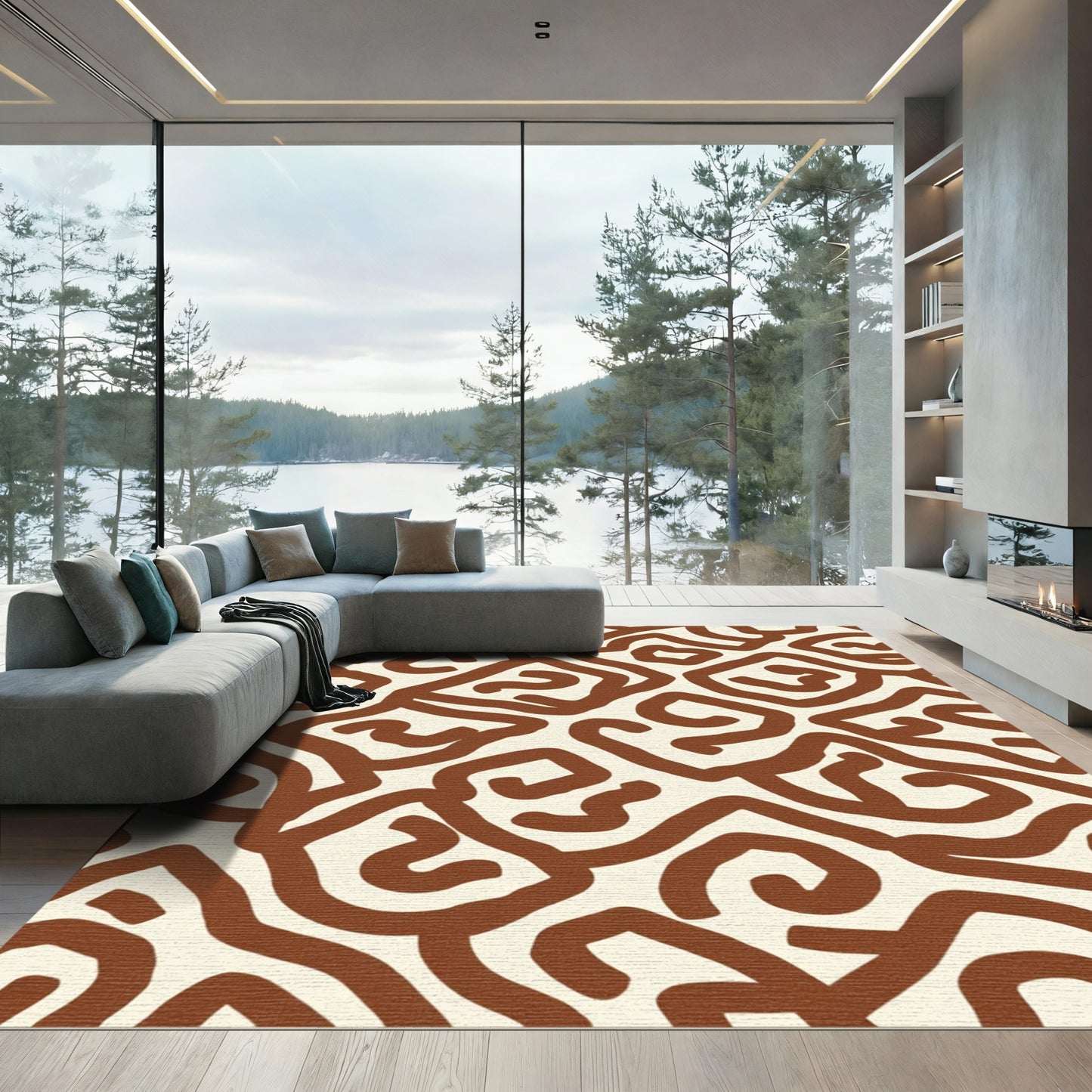 Brown Abstract Swirl Maze Rug
