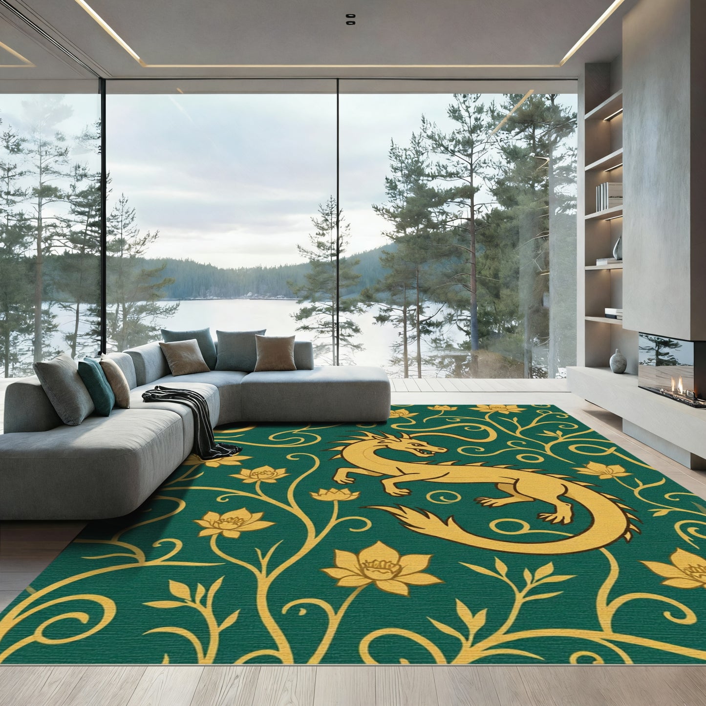 Golden Dragon Emerald Floral Swirl Rug