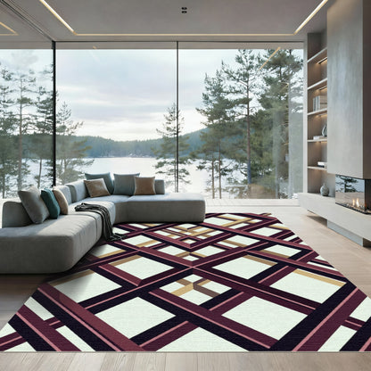 Geometric Lattice Crimson and Golden Abstract Rug