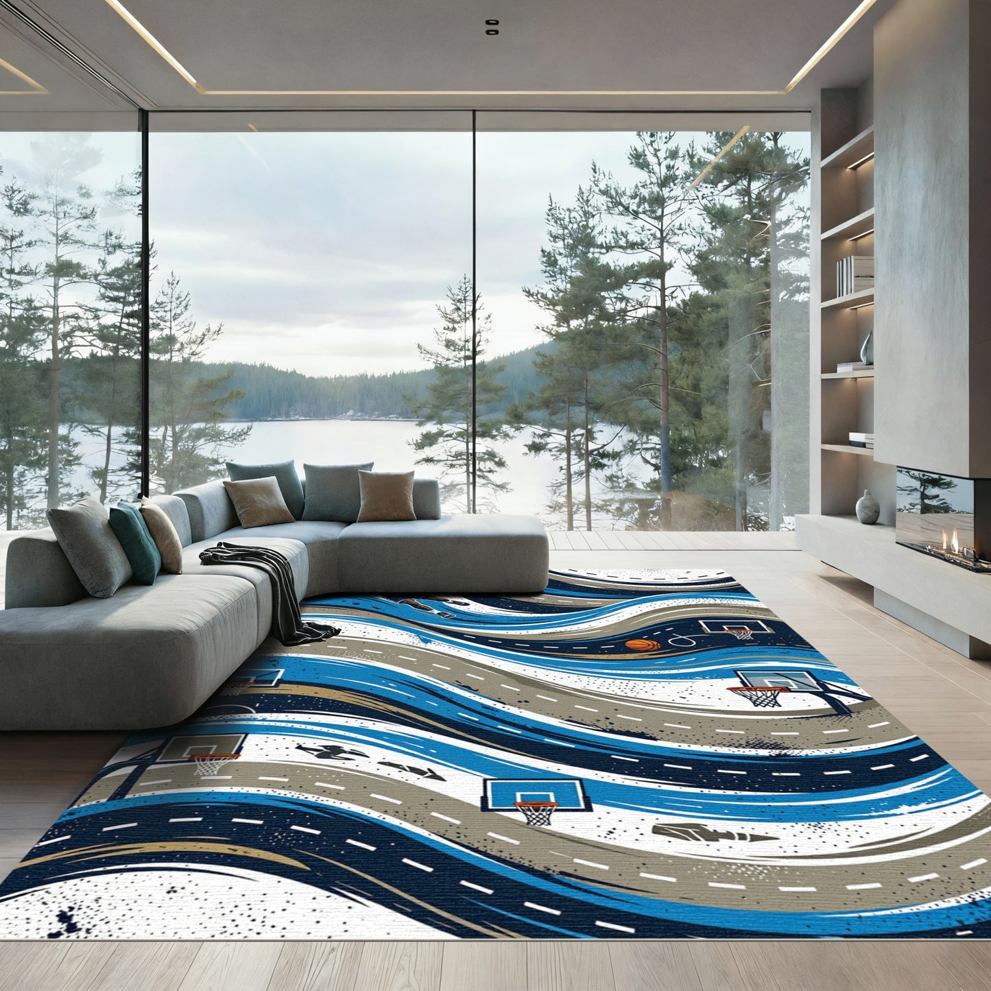 Dynamic Blue Basketball Motion Swirl Rug