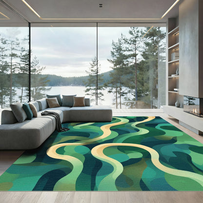 Verdant Abstract Swirls Flowing Rug