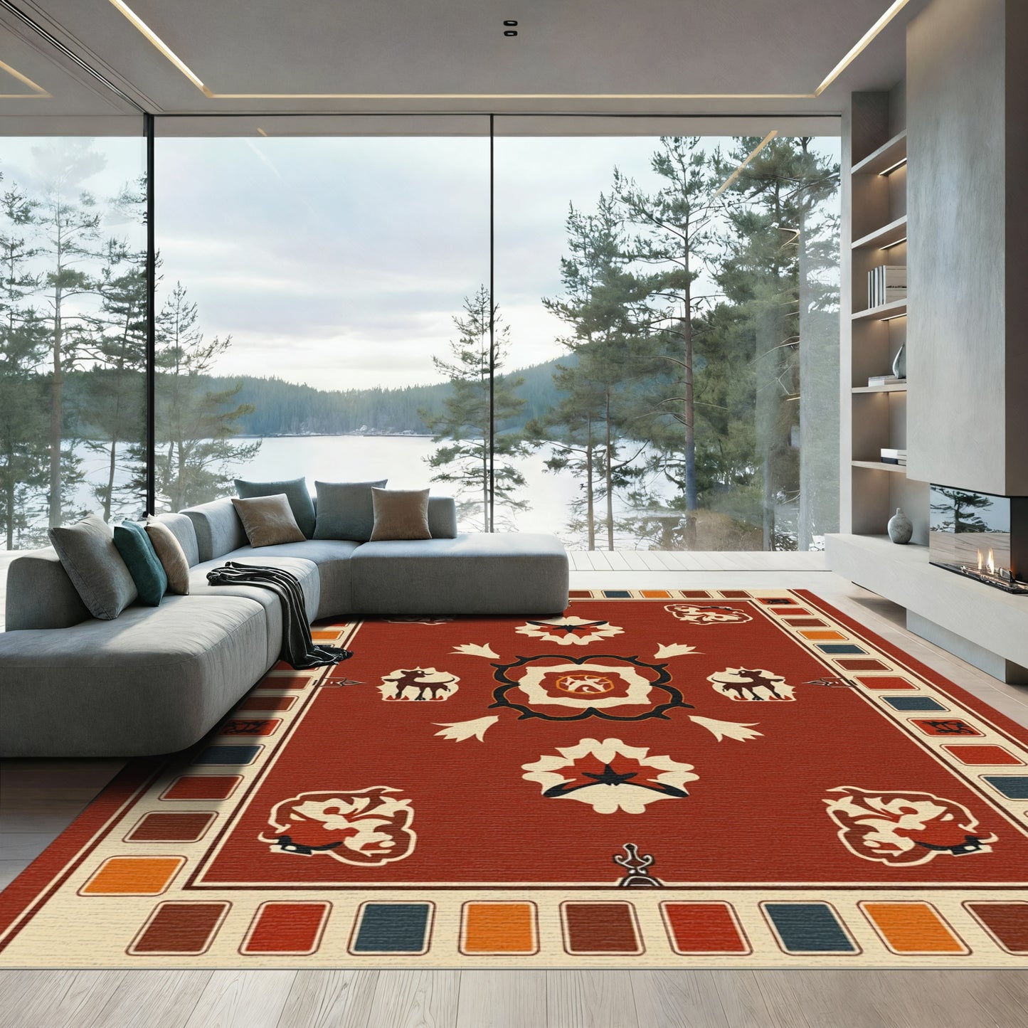 Rustic Red Animal Floral Medallion Rug