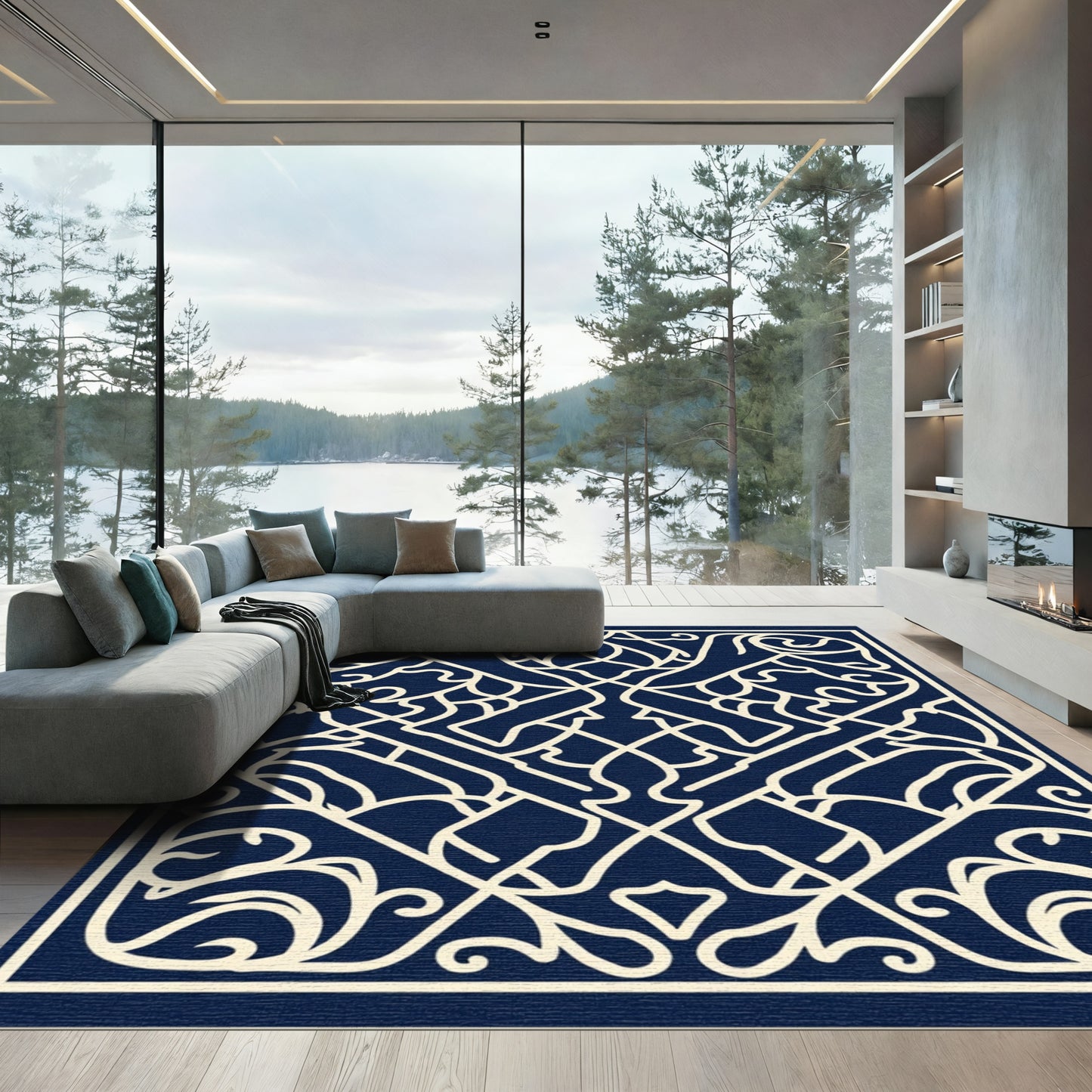 Ivory Lattice Over Deep Indigo Canvas Rug