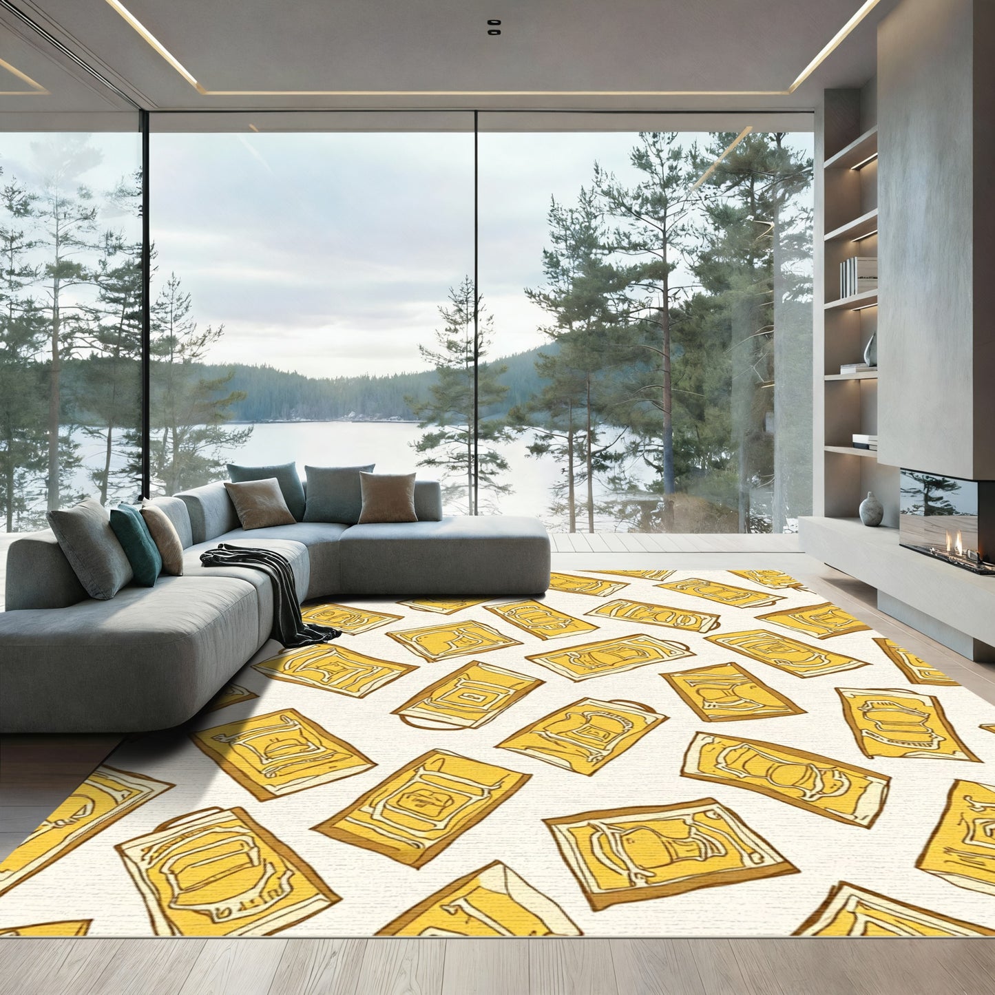 Golden Retro Illustrated Arch Rug