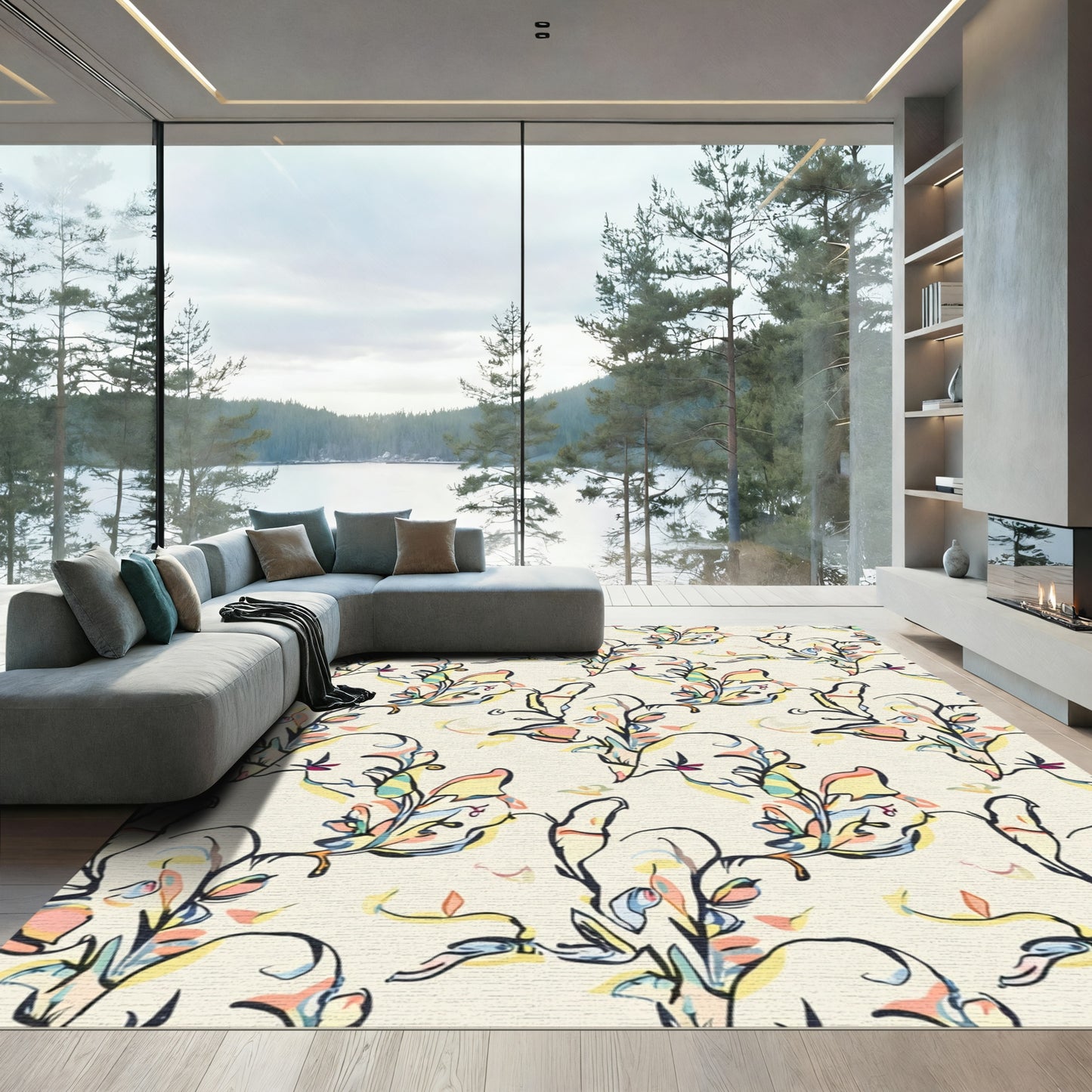 Whimsical Pastel Floral Outline Rug