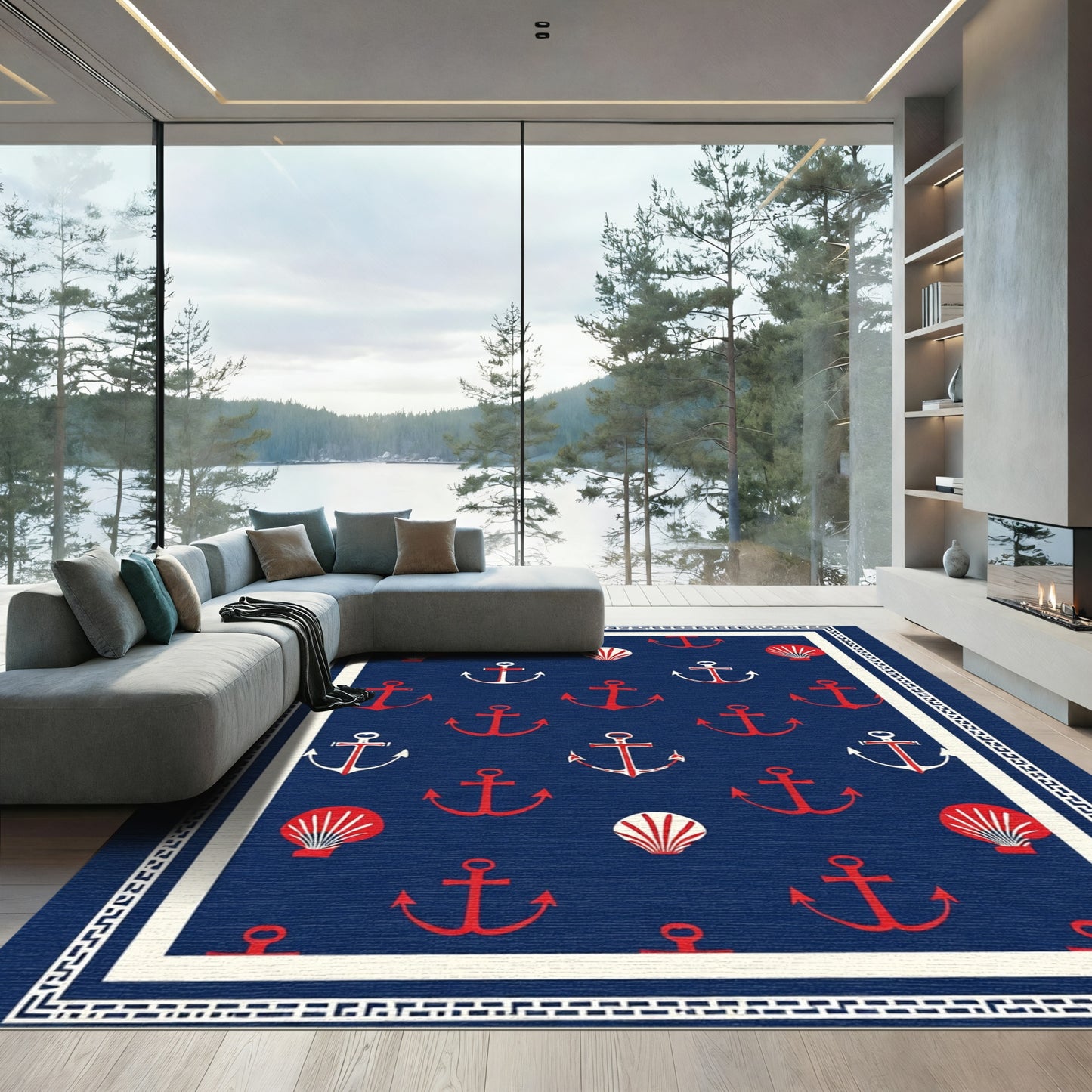 Navy Red Anchor Shell Pattern Rug