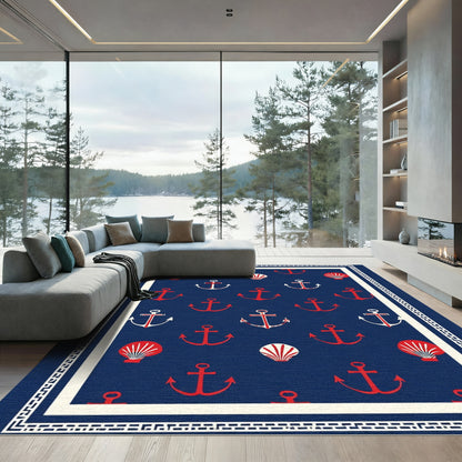 Navy Red Anchor Shell Pattern Rug