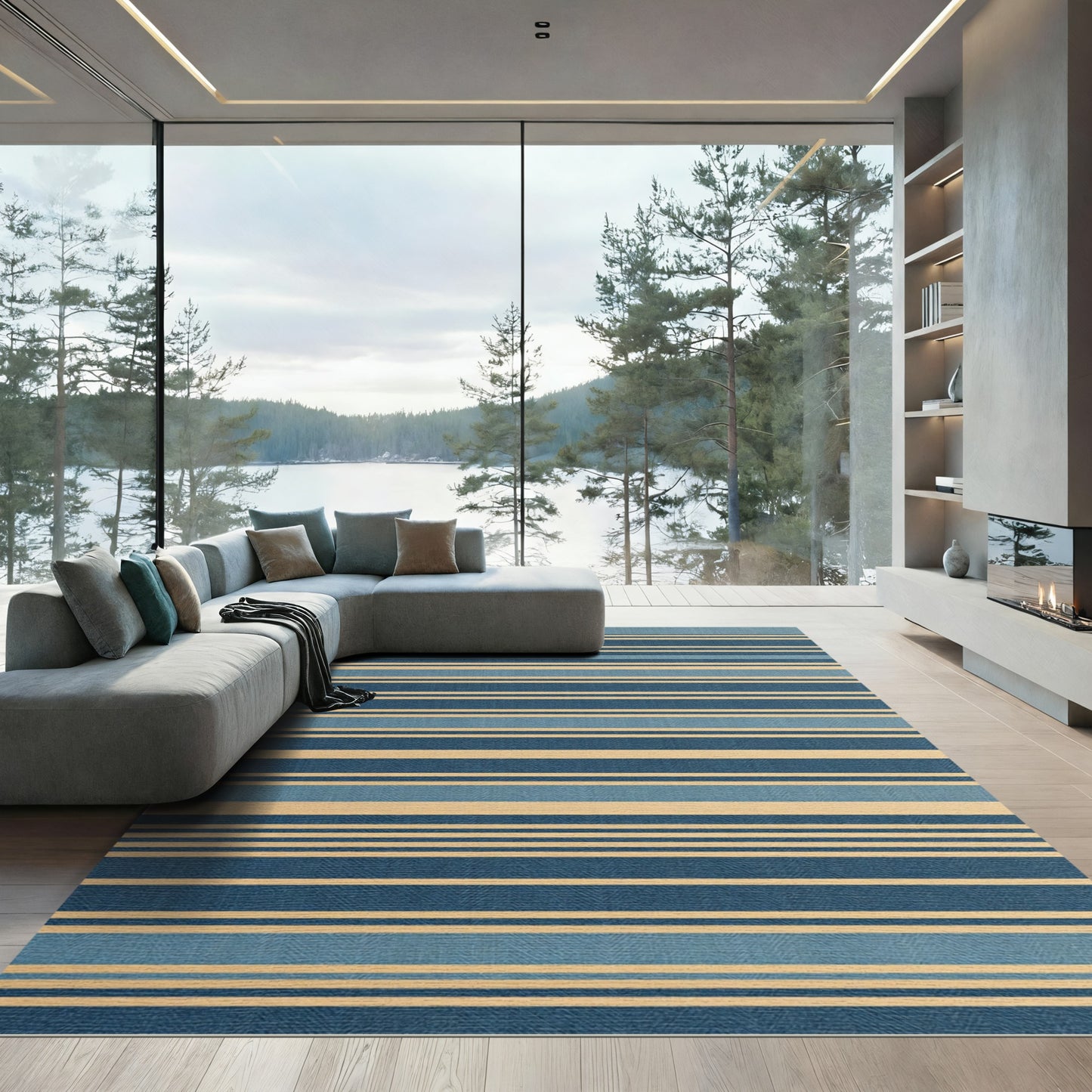Modern Blue Striped Linear Area Rug