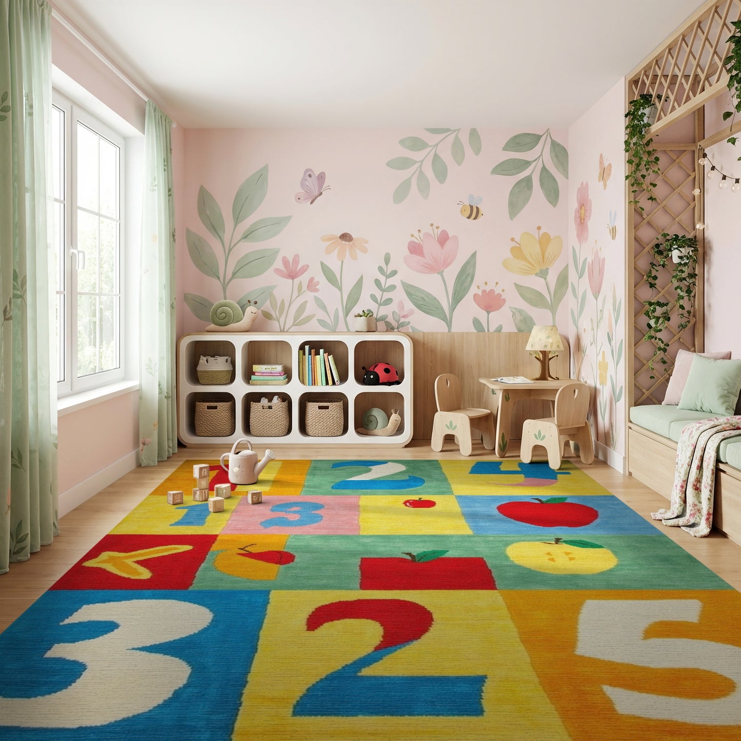Playful Color Block Numbers Apples Rug