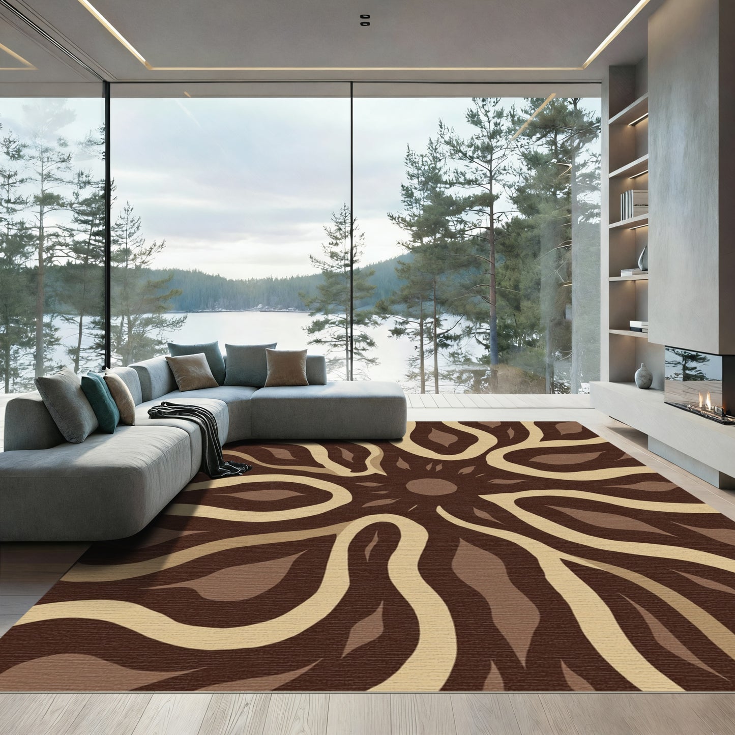 Earthy Abstract Sunburst Waves Rug