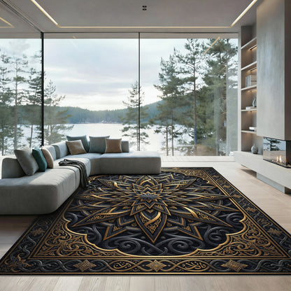 Gilded Charcoal Starburst Ornate Medallion Rug