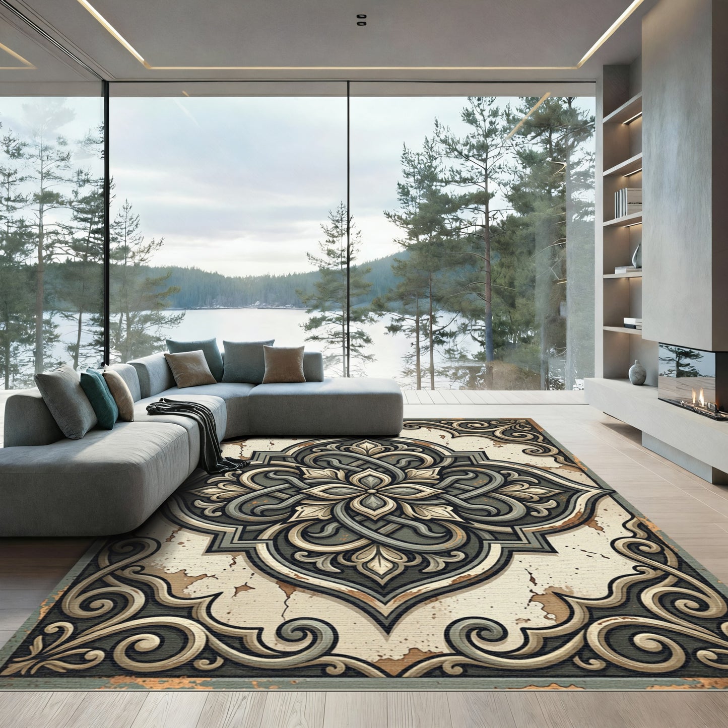 Distressed Sage Scroll Medallion Art Rug