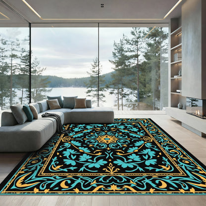 Black Teal Gold Floral Medallion Rug