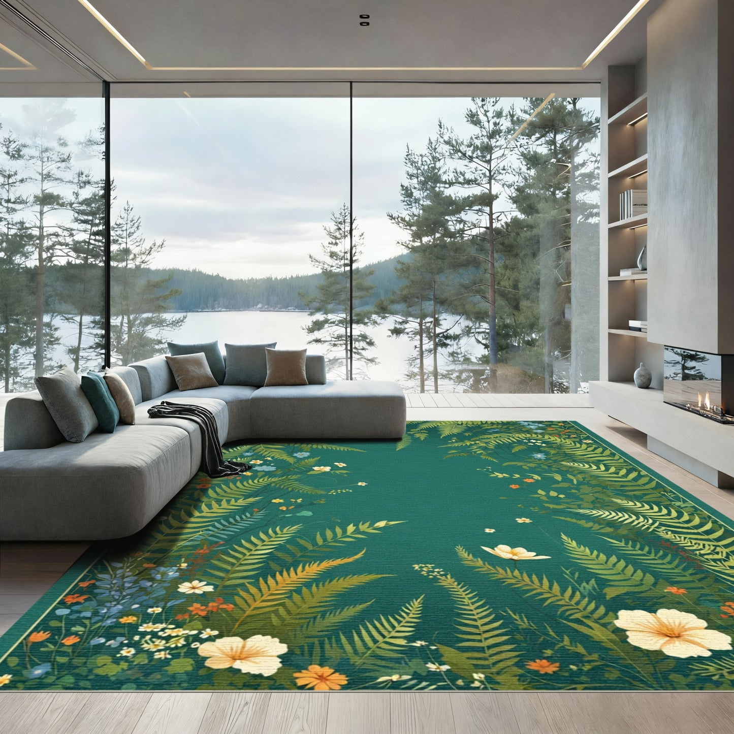 Lush Green Fern and Wildflower Scene Rug