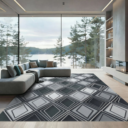 Monochrome Geometric Diamond Layered Tiles Rug