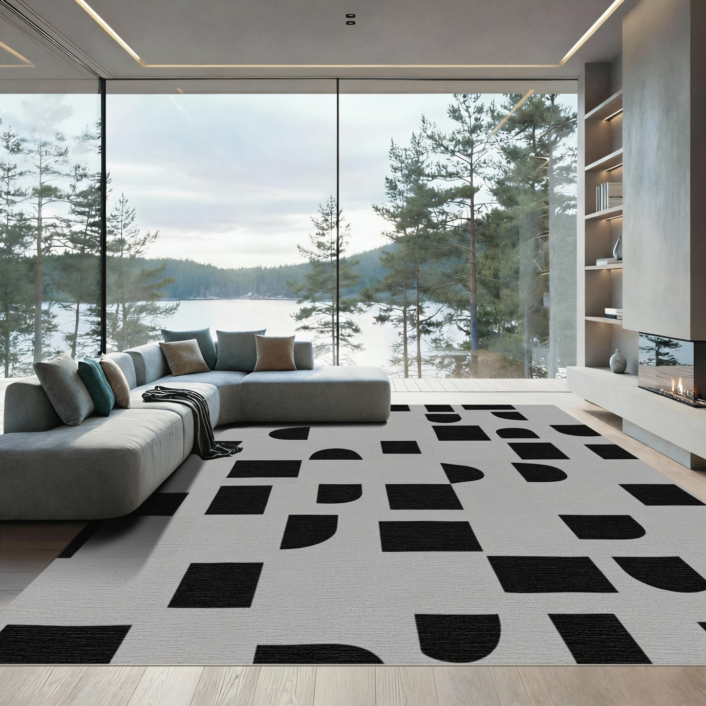 Modern Black Geometric Curves Rug
